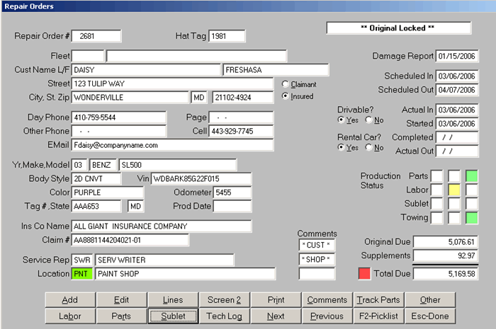 Repair Order Screen